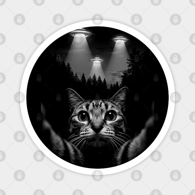 Selfie of Funny Cat and Aliens UFO 5 Magnet by Megadorim